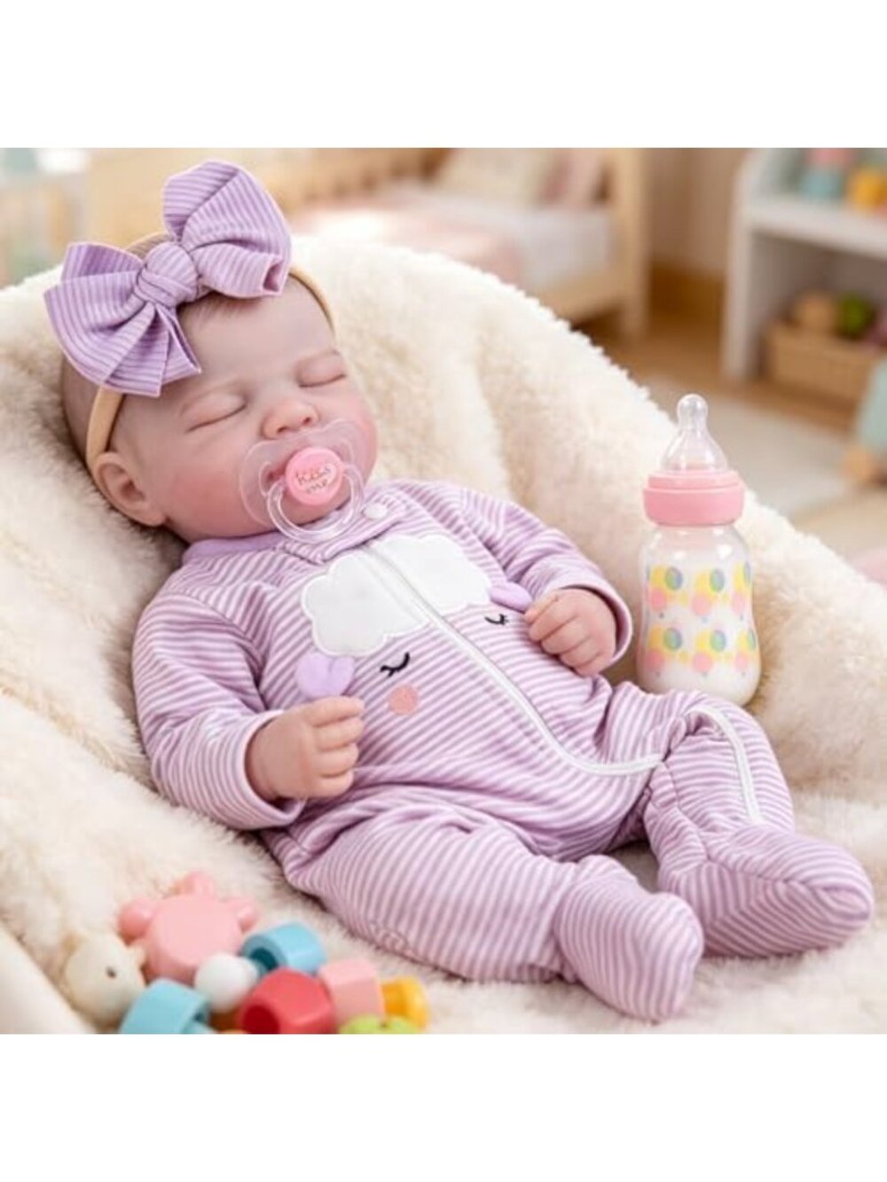 20in Sleeping Reborn Baby Girl Doll Weighted Soft Body Purple Stripe Set